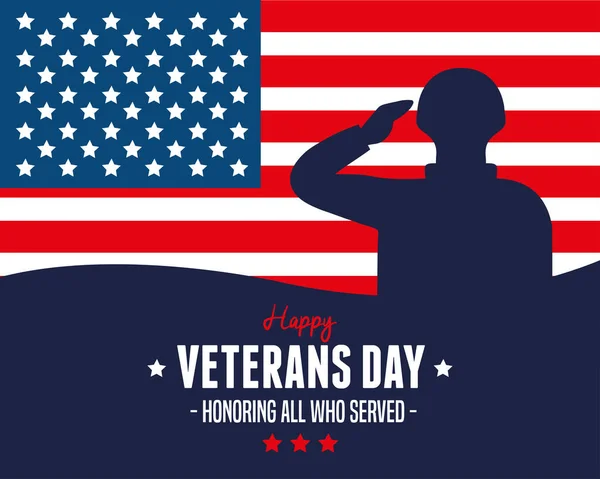 Soldado con bandera en honor a los veteranos de guerra — Vector de stock