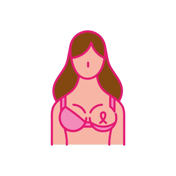 乳がん女性のリボン線と塗りつぶしスタイルのアイコンベクトルデザイン — ストックベクタ
