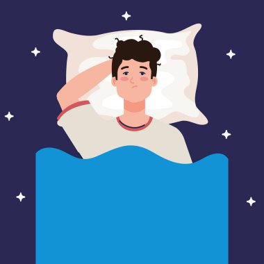 Yastık vektör tasarımlı uykusuzluk çeken adam.