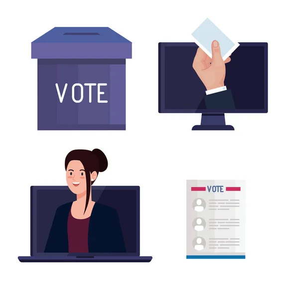 Dia da eleição caixa de voto laptop mão mulher com papel e design de vetor de computador — Vetor de Stock