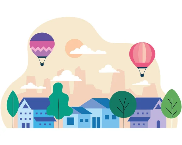 城市住宅有热气球、树、阳光和云雾矢量设计 — 图库矢量图片