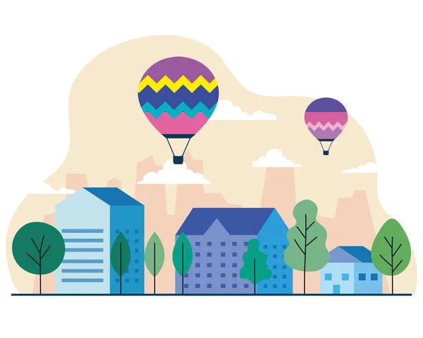 Stadshuizen met heteluchtballonnen bomen en wolken vector ontwerp — Stockvector