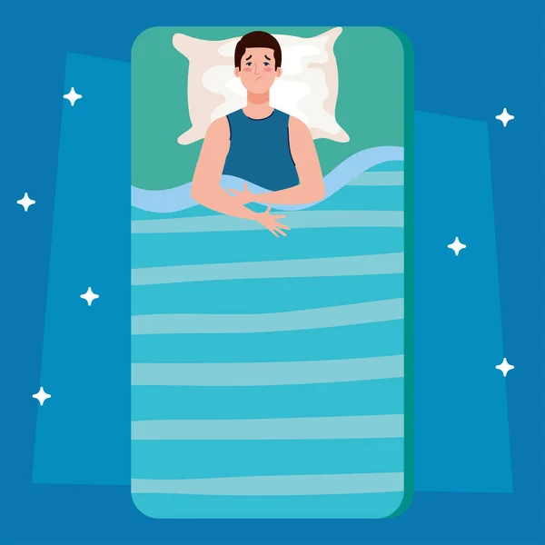 Sömnlöshet man på sängen med kudde vektor design — Stock vektor