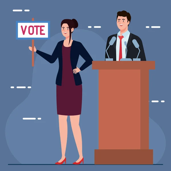 В день выборов женщина с плакатом и мужчиной на подиуме — стоковый вектор