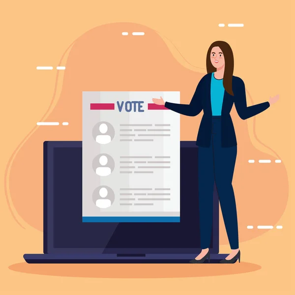 Papel de los presidentes del voto del día de la elección en el diseño del vector del ordenador portátil y mujer — Archivo Imágenes Vectoriales
