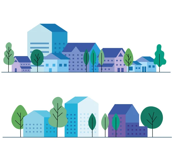 Case di città con alberi progettazione vettoriale — Vettoriale Stock