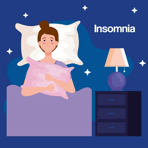 Slapeloosheid vrouw op bed met kussen en lamp vector ontwerp — Stockvector