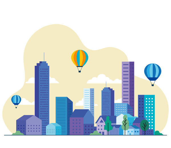 City landscape with buildings houses hot air balloons trees and clouds vector design