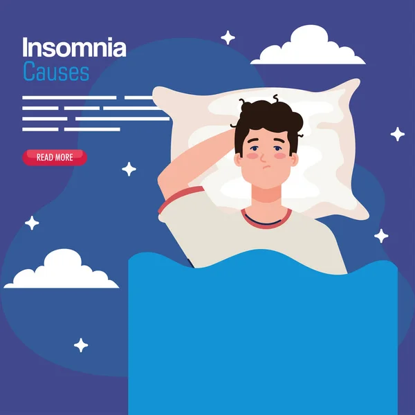 Slapeloosheid veroorzaakt man op bed met kussen en wolken vector ontwerp — Stockvector