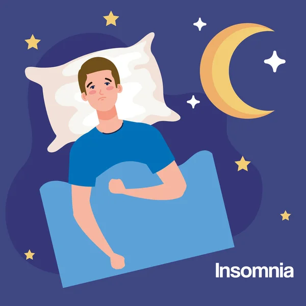 Manusia insomnia di tempat tidur dengan bantal dan desain vektor bulan - Stok Vektor