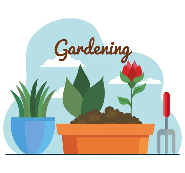 Gardening rake plants and flower inside pots vector design — Stock Vector