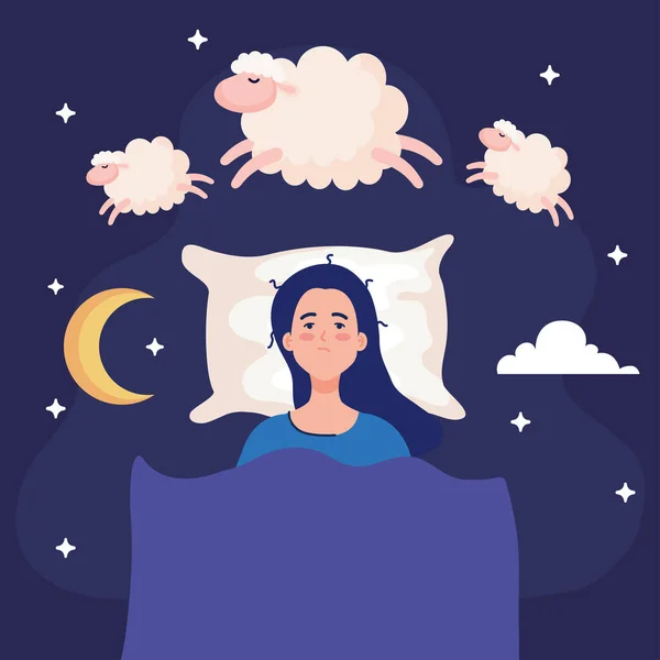 Schlaflosigkeit Frau auf dem Bett mit Schafen Vektor-Design — Stockvektor