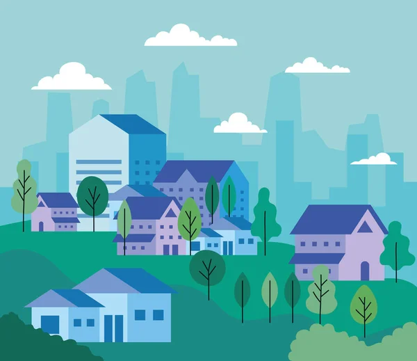 Ciudad paisaje con casas árboles y nubes vector de diseño — Vector de stock