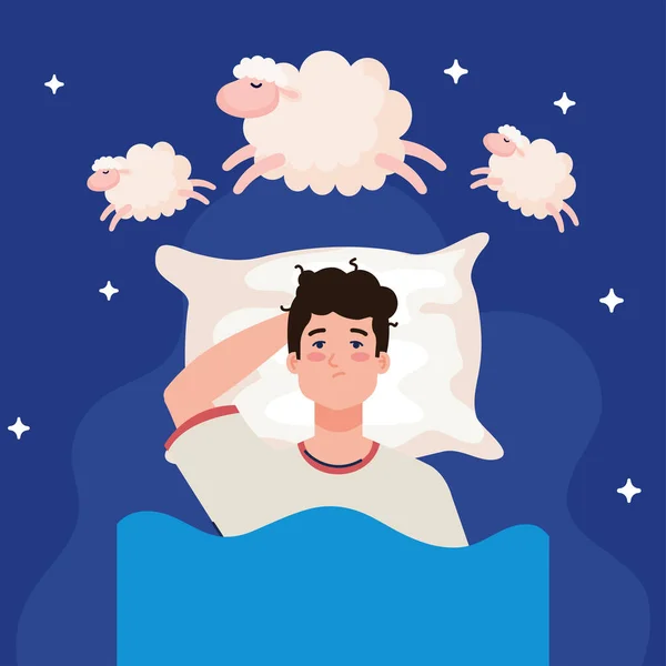 Schlaflosigkeit Mann auf dem Bett mit Kissen und Schafen Vektor-Design — Stockvektor