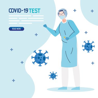 covid 19 virüs test doktoru maske gözlüğü ve tekdüze vektör tasarımı ile