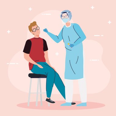 covid 19 virüs test doktoru ve çocuk koltuk vektörü tasarımında