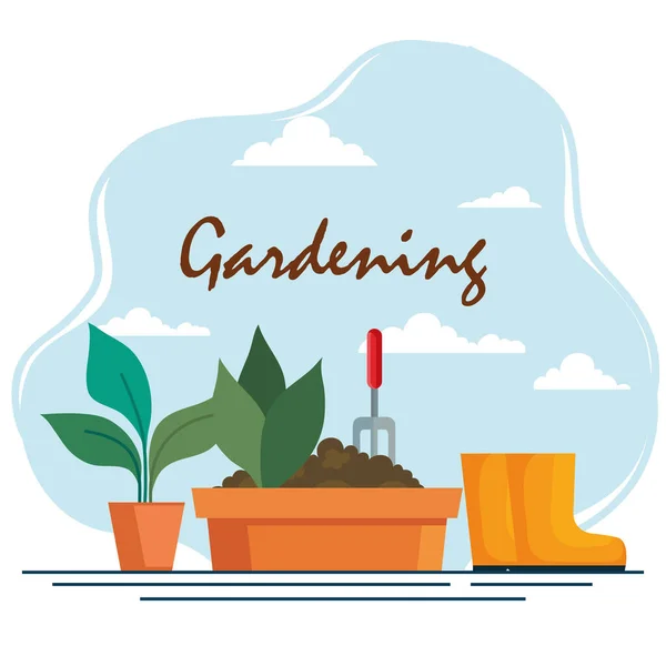 Gardening plants inside pots rake and boots vector design — Stock Vector