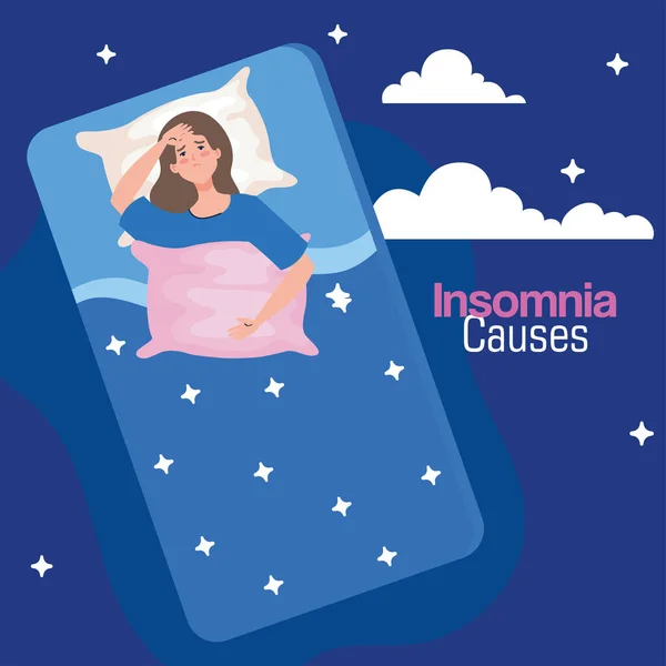 Insomnio causa mujer en la cama con diseño de vectores de almohadas y nubes — Archivo Imágenes Vectoriales