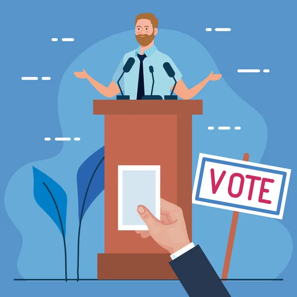 Jour du scrutin homme sur le podium et main tenant vote papier vecteur design — Image vectorielle
