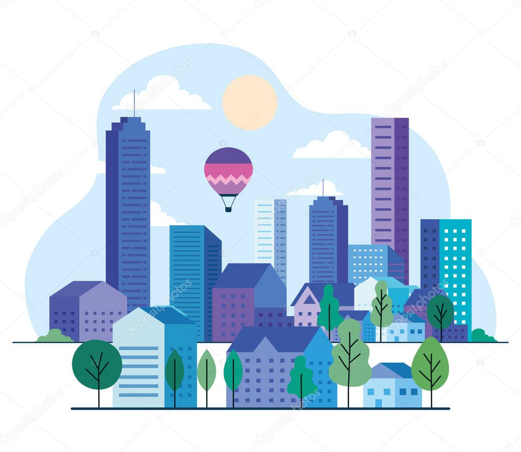 City landscape with buildings houses hot air balloons trees sun and clouds vector design