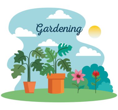 Tencere ve çiçek vektör tasarımı içinde bahçe bitkileri