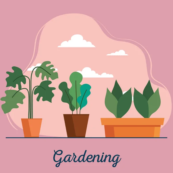 Piante da giardino all'interno di vasi e nuvole progettazione vettoriale — Vettoriale Stock