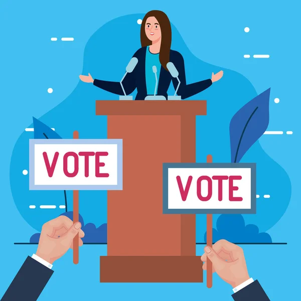 Giorno delle elezioni donna sul podio mani che tengono banner di voto progettazione vettoriale — Vettoriale Stock