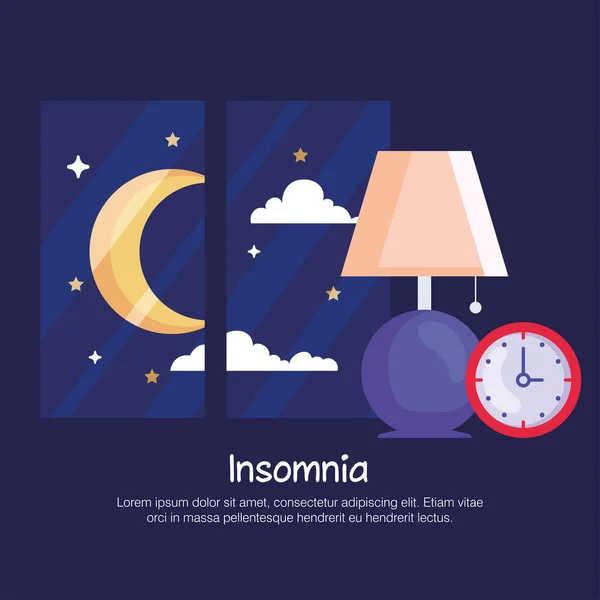 Horloge lampe insomnie et lune à la conception vectorielle de fenêtre — Image vectorielle