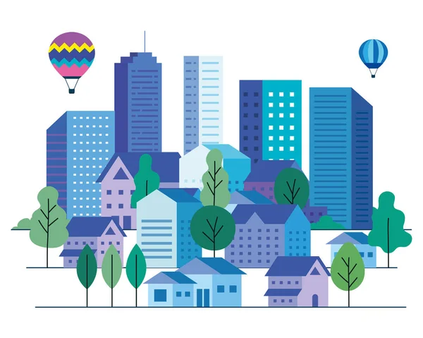 城市景观与建筑物中的热气球和树木矢量设计 — 图库矢量图片