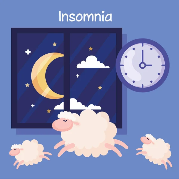 Insomnia sheeps clock and moon at window vector design - Stok Vektor