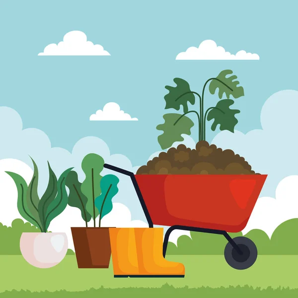 Gardening plants boots and wheelbarrow vector design — Stock Vector