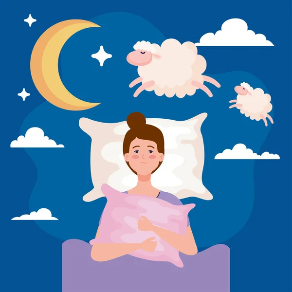 抱着枕头和羊绒病媒图案躺在床上的失眠妇女 — 图库矢量图片