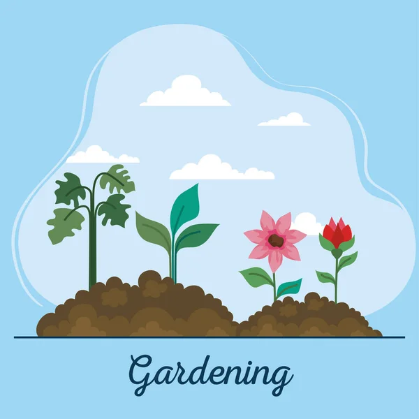 Gardening flowers and plants on earth vector design — Stock Vector