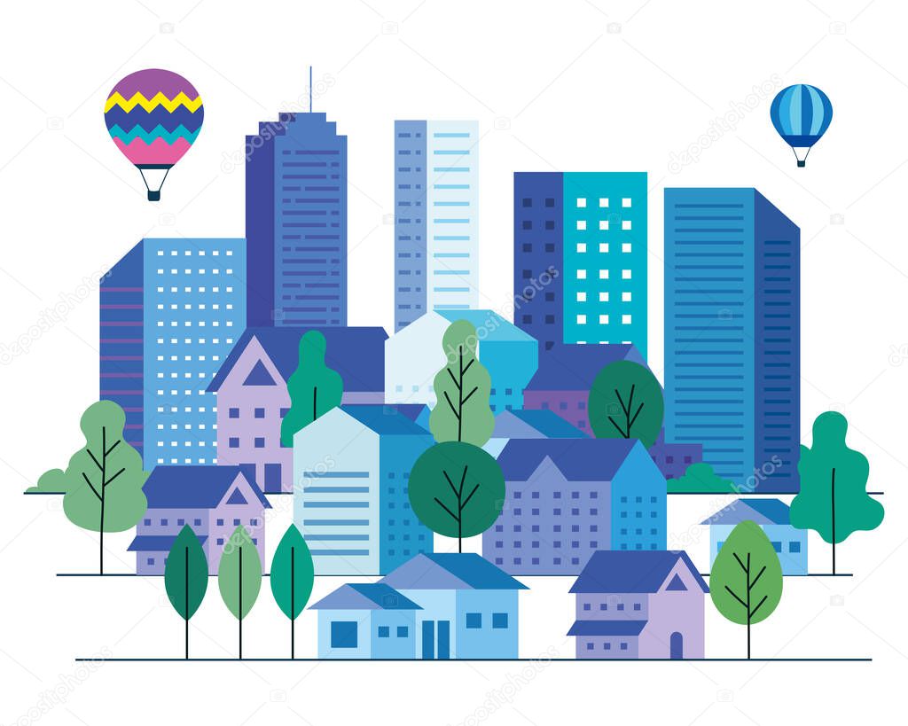 City landscape with buildings houses hot air balloons and trees vector design