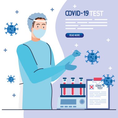 covid 19 virüs test doktoru maske üniforma tüpleri ve tıbbi belge vektör tasarımı ile
