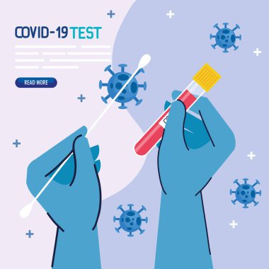 covid 19 virüs test eli eldiven, çubuk ve tüp vektör tasarımı.