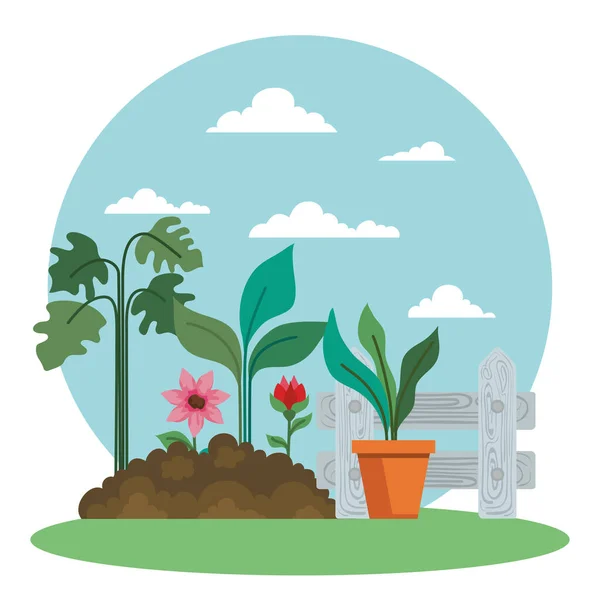 Jardinage plante à l'intérieur pot et fleurs vecteur conception — Image vectorielle