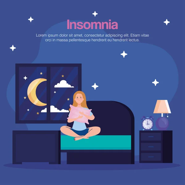 Mujer insomnio en el dormitorio con almohada y diseño de vectores de reloj — Archivo Imágenes Vectoriales