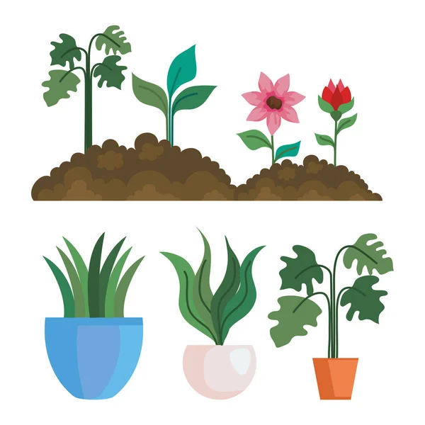 Jardinage des fleurs sur terre et des plantes à l'intérieur des pots conception vectorielle — Image vectorielle