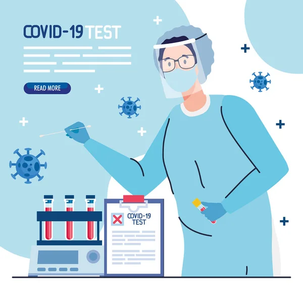 Covid 19 virus test arts met masker uniforme buizen en medische document vector ontwerp — Stockvector