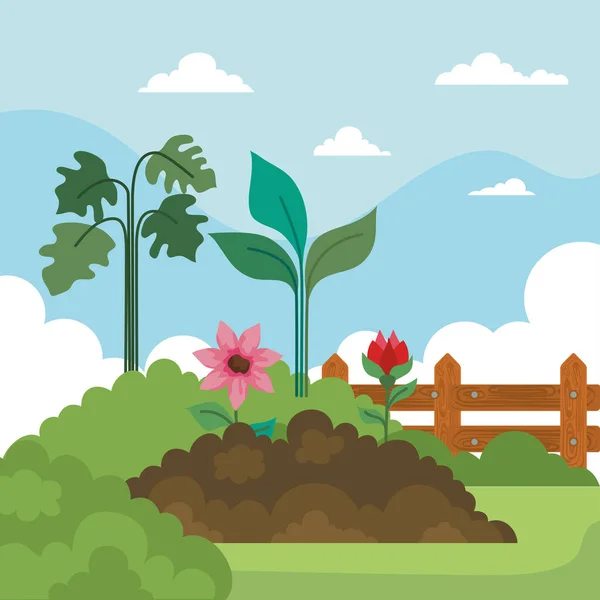 Jardinage des fleurs sur la terre plantes arbustes et clôture vecteur conception — Image vectorielle