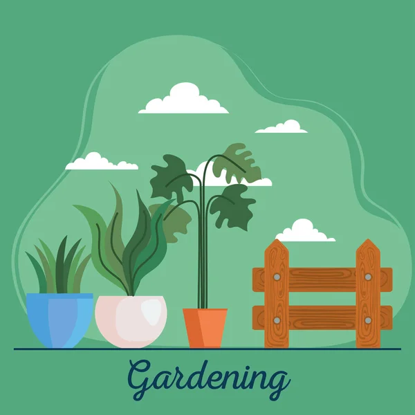 鉢やフェンスのベクトルデザイン内の植物の園芸 — ストックベクタ