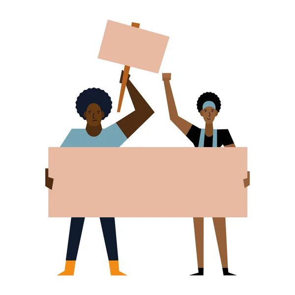 Las vidas negras importan mujer y hombre con banners diseño vectorial — Archivo Imágenes Vectoriales
