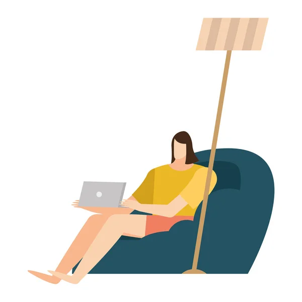 家用椅子上有笔记本电脑的妇女和灯矢量设计 — 图库矢量图片
