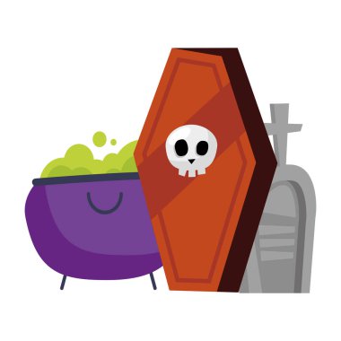 Kafatası cadı kasesi ve mezar vektör tasarımı ile Cadılar Bayramı tabutu