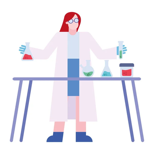 桌上矢量设计时带有瓶子和管子的化学女士 — 图库矢量图片