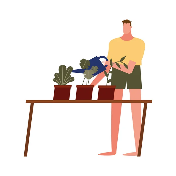 Mann mit Pflanzen und Gießkannen-Vektordesign — Stockvektor