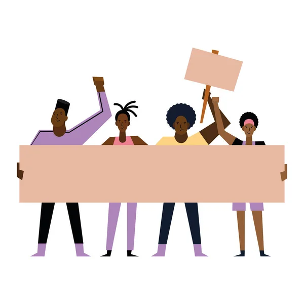 Las vidas de los negros importan mujeres y hombres con banners diseño vectorial — Vector de stock