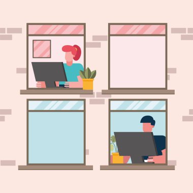 Bilgisayarlı erkek ve kadın ev vektör tasarımından itibaren pencerede çalışıyor