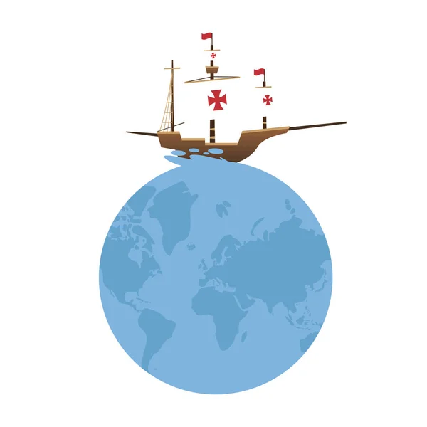 Christopher Columbus gemisi dünya vektör tasarımı üzerine — Stok Vektör